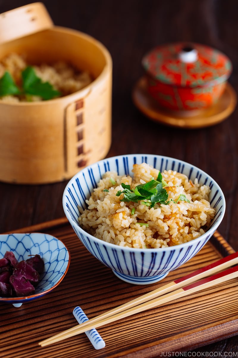 Rice bowl containing sweet onion takikomi gohan.