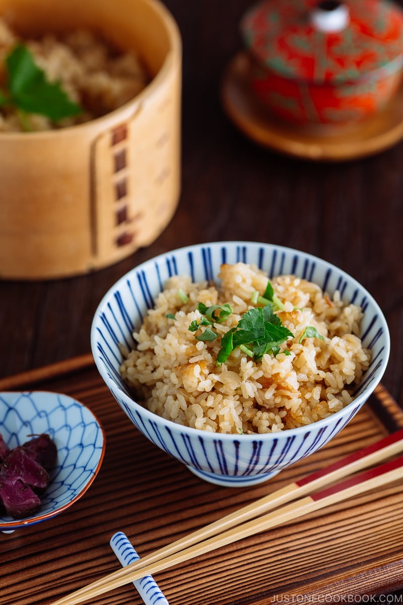 Rice bowl containing sweet onion takikomi gohan.