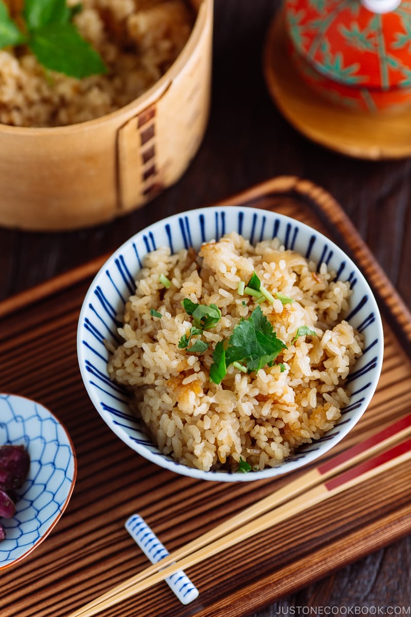 Rice bowl containing sweet onion takikomi gohan.