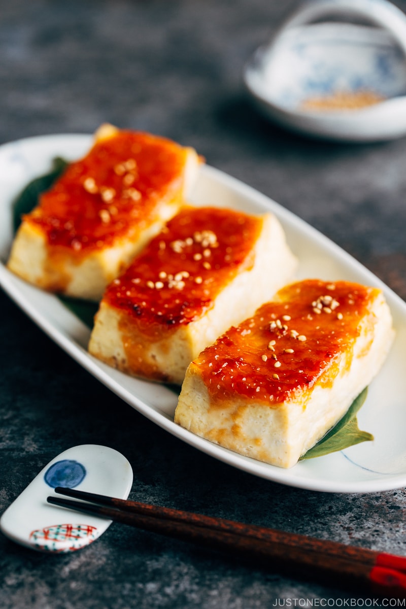 Tofu dengaku on a plate.