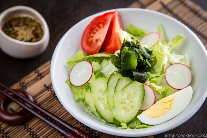 Japanese salad dressing (Wafu Dressing) over the iceberg salad.