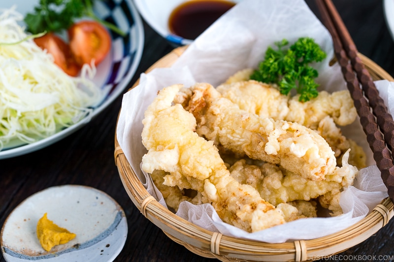 Chicken Tempura (Toriten) served in a bamboo basket.