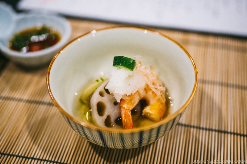 Kaiseki meal at Gora Hanaogi Sounkaku stewed dish eggplant, lotus root, and prawn - Hakone Gora Travel Guide | www.justonecookbook.com