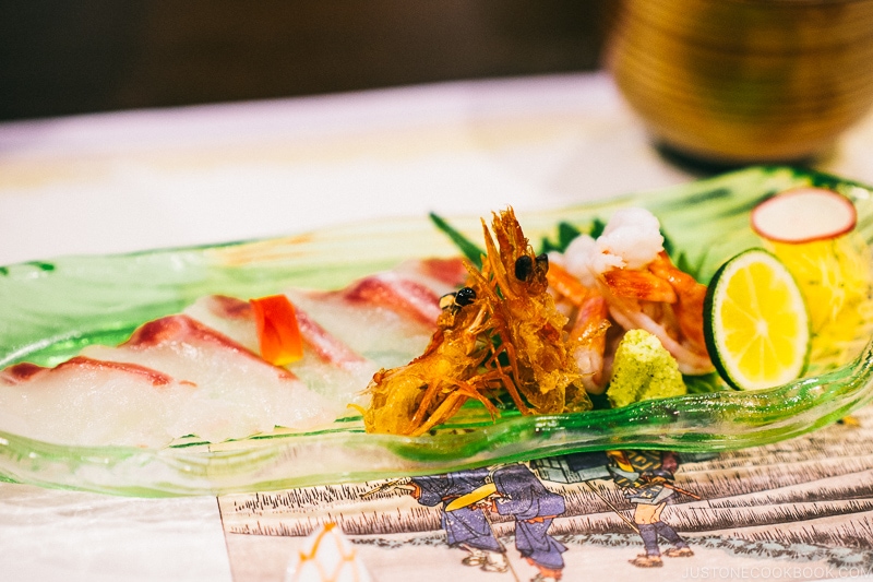Kaiseki meal at Gora Hanaogi Sounkaku seabream and shrimp sashimi - Hakone Gora Travel Guide | www.justonecookbook.com