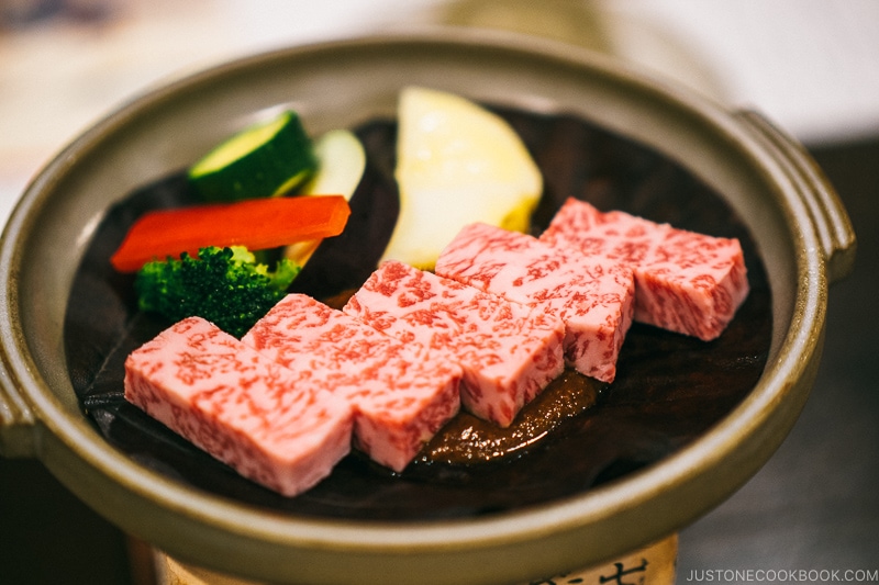 Kaiseki meal at Gora Hanaogi Sounkaku Hida beef and vegetables - Hakone Gora Travel Guide | www.justonecookbook.com 