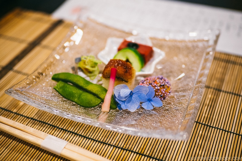 Kaiseki meal at Gora Hanaogi Sounkaku horse mackerel, konjac, edamame, pike eel sushi - Hakone Gora Travel Guide | www.justonecookbook.com