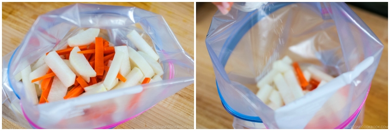 Daikon and carrots in zip loc bag