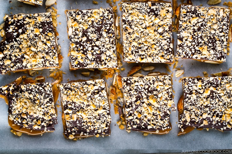 Chocolate Almond Toffee on a baking sheet.