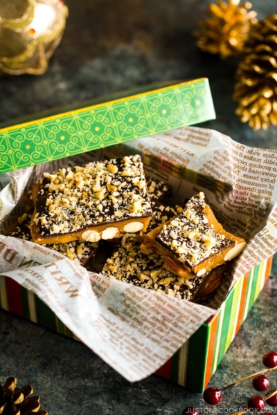 A holiday box containing Chocolate Almond Toffee.