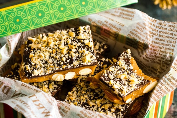 A holiday box containing Chocolate Almond Toffee.