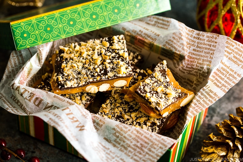 A holiday box containing Chocolate Almond Toffee.