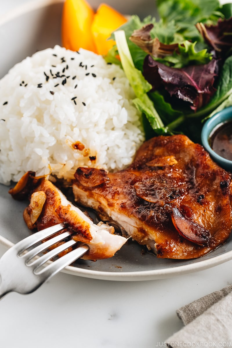 A large gray plate containing garlic onion chicken, green leaf salad, and steamed rice.
