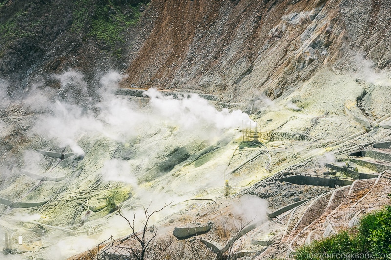 view of steam releasing at Owakudani - Hakone Ropeway and Owakudani Hell Valley | www.justonecookbook.com