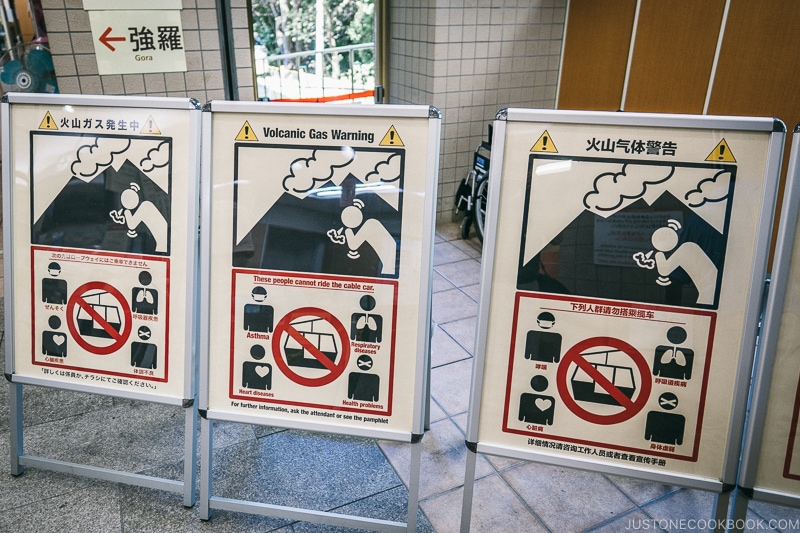 Warning signs for volcanic gas inside Sounzan Station - Hakone Ropeway and Owakudani Hell Valley | www.justonecookbook.com