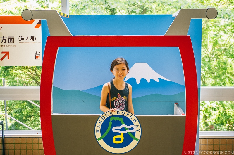 girl behind Hakone Ropeway paper cutout - Hakone Ropeway and Owakudani Hell Valley | www.justonecookbook.com