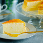 Japanese souffle cheesecake being served on a plate.