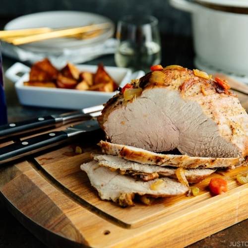 Japanese Pork Roast sliced on the cutting board.