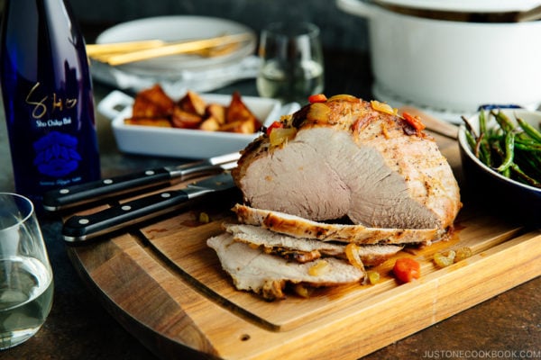 Japanese Pork Roast sliced on the cutting board.