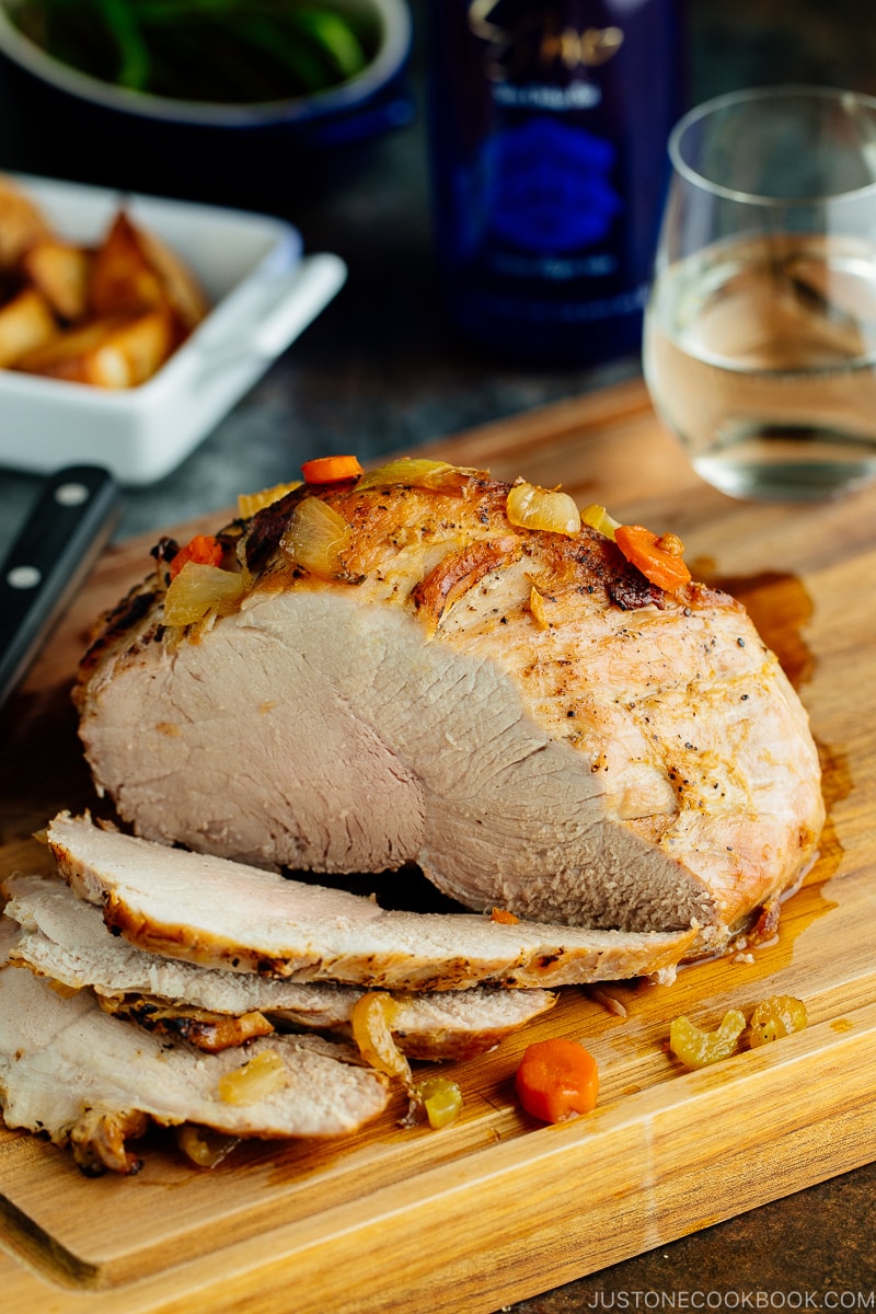 Japanese Pork Roast sliced on the cutting board.