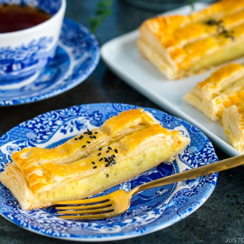 Japanese sweet potato pie served on plates along with coffeel