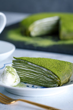 Matcha Mille Crepe Cake served on a plate.