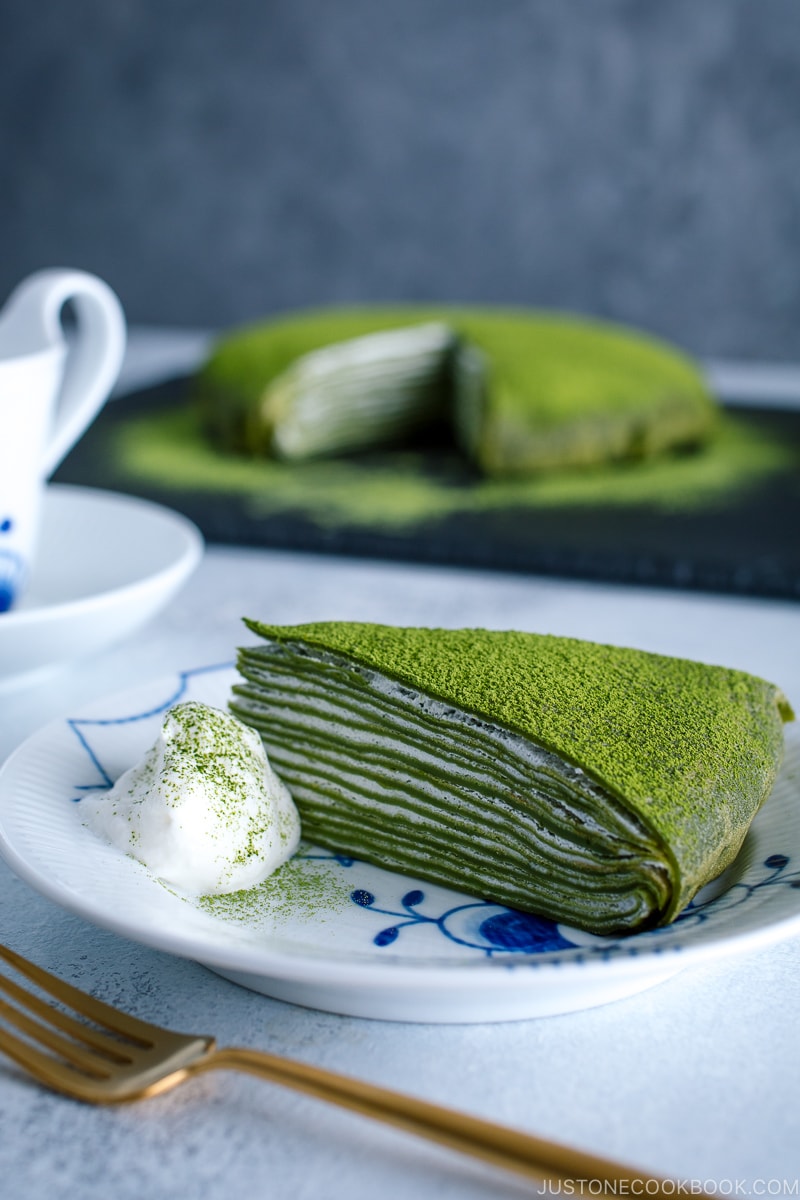 Matcha Mille Crepe Cake served on a plate.