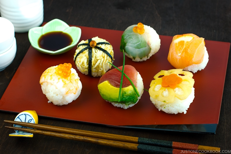 Temari sushi on a plate.