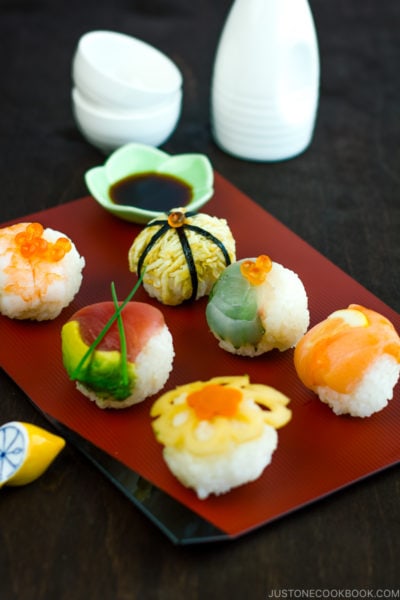 Temari sushi on a plate.
