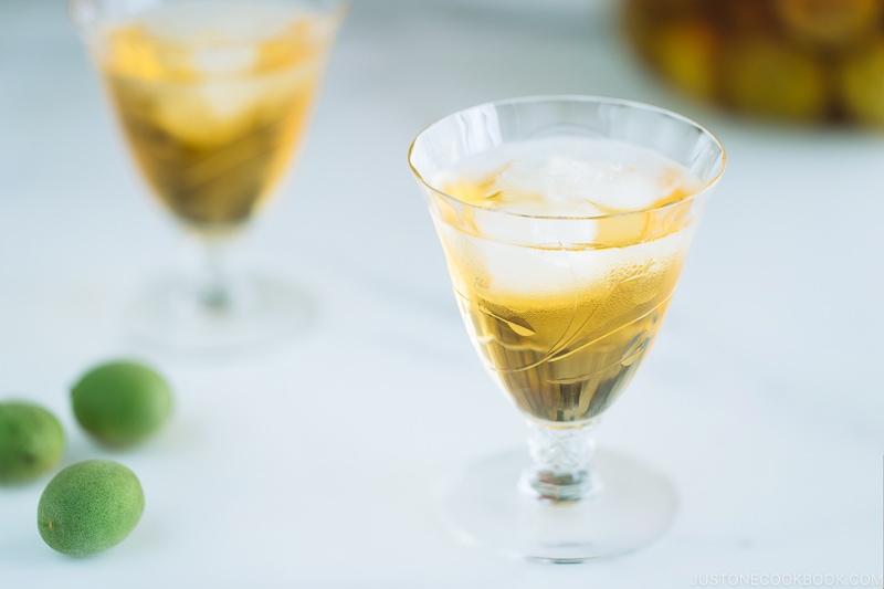 Japanese plum wine (umeshu) in a crystal glass.