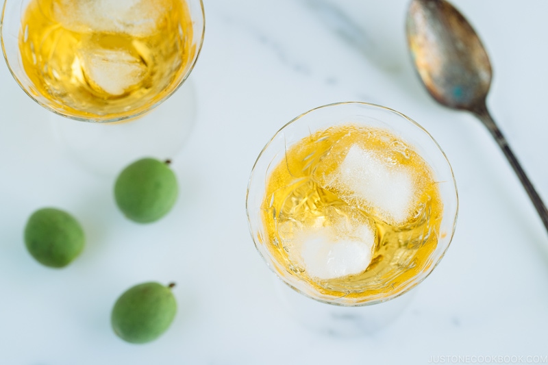 Japanese plum wine (umeshu) in a crystal glass.