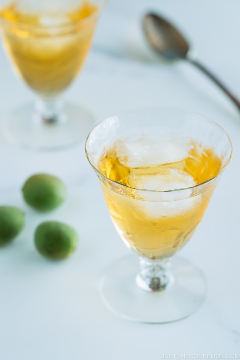 Japanese plum wine (umeshu) in a crystal glass.