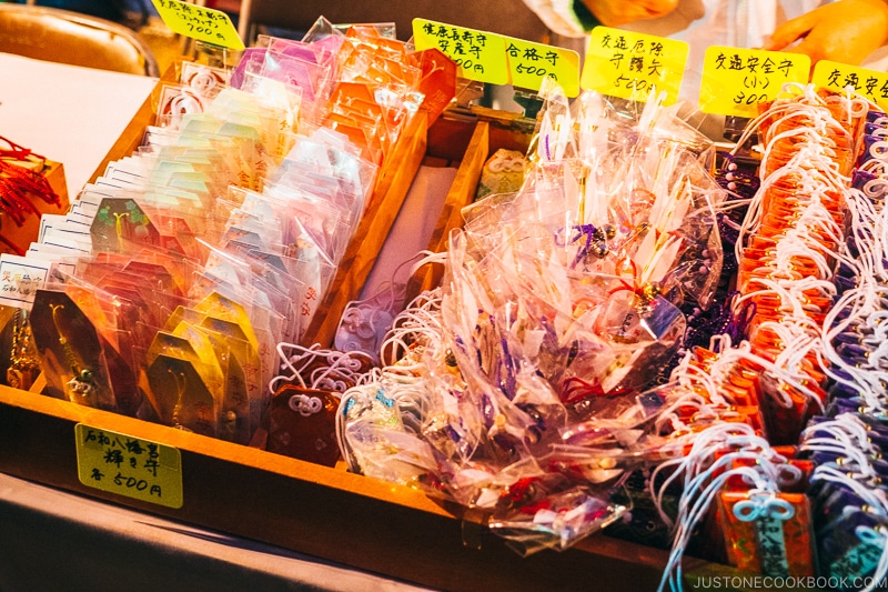 Good luck charms for sale at the shrine - Celebrate New Year at Isawa Onsen in Yamanishi | www.justonecookbook.com 