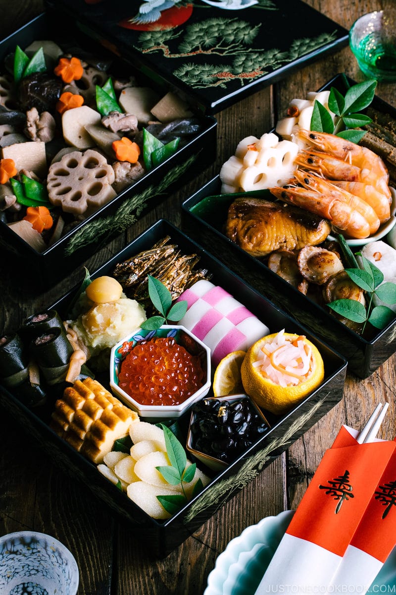 The 3-tier Osechi Ryori (Japanese New Year's Food) filled with colorful dishes.