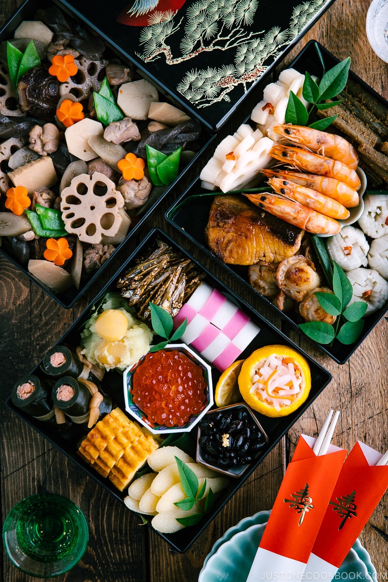 The 3-tier Osechi Ryori (Japanese New Year's Food) filled with colorful dishes.