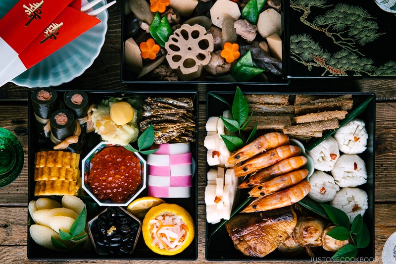 The 3-tier Osechi Ryori (Japanese New Year's Food) filled with colorful dishes.