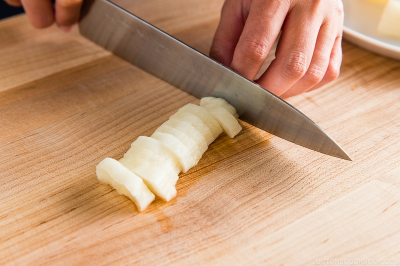 knife cutting daikon - Kikuichi Knife Giveaway | www.justonecookbook.com 