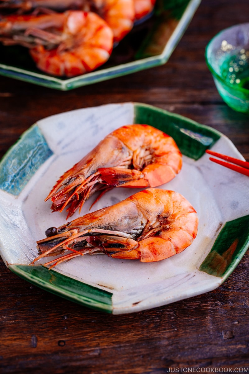 Simmered shrimp on a Japanese ceramic.