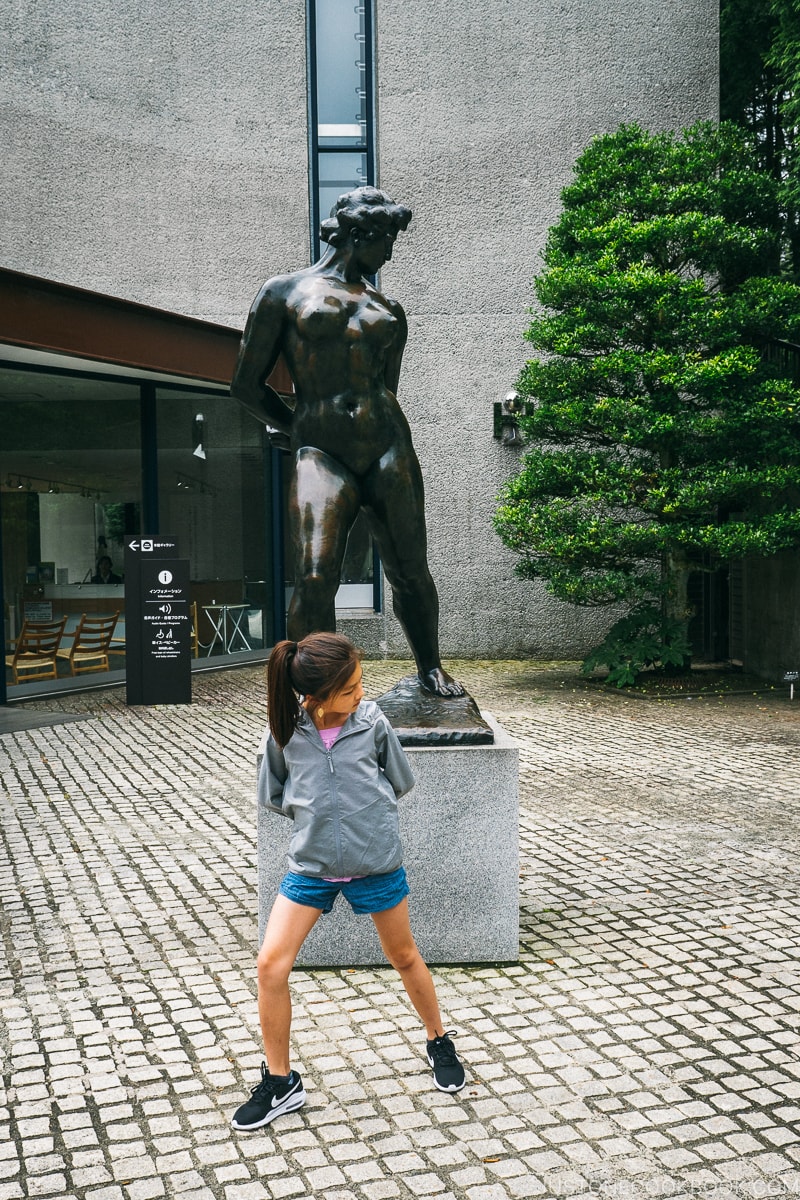 child posing in front of a statue - The Fabulous Museums in Hakone | www.justonecookbook.com