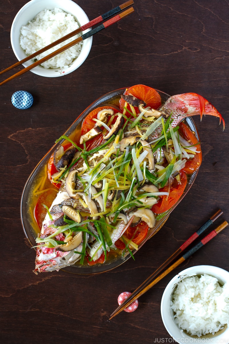 Cantonese Steamed Fish served on a big platter.