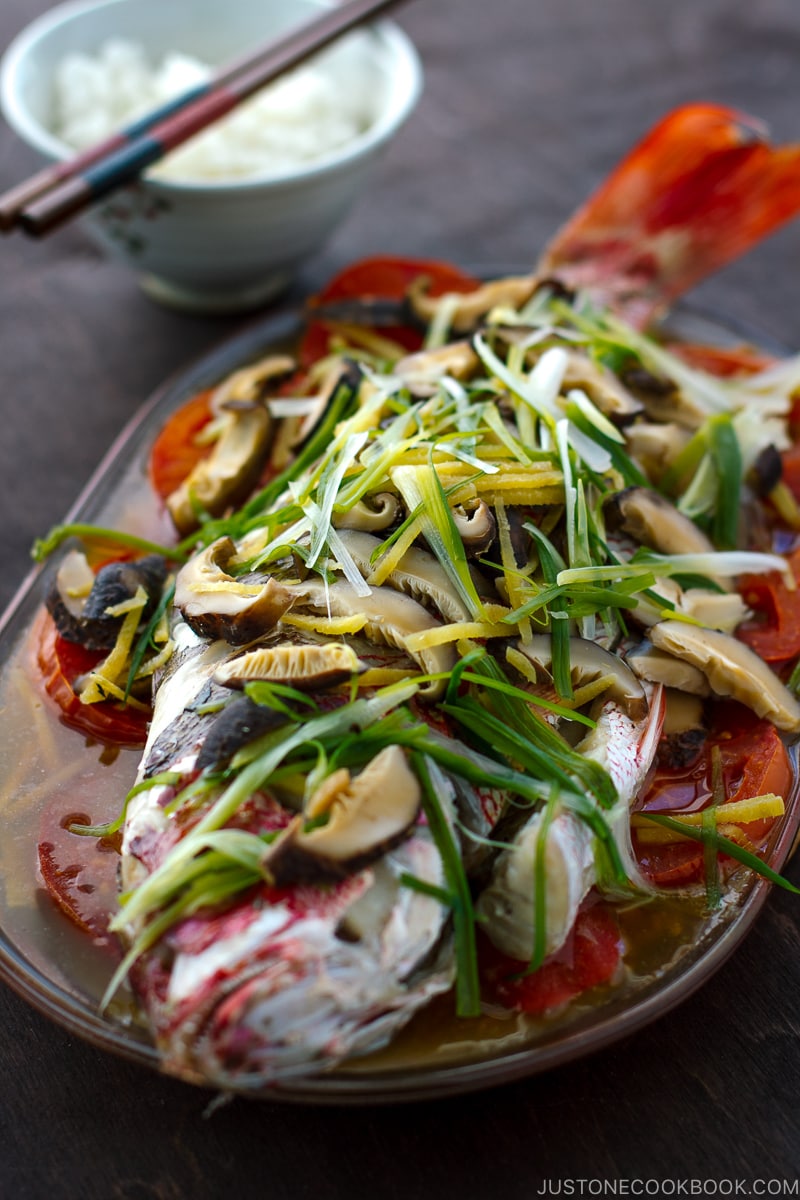 Cantonese Steamed Fish served on a big platter.