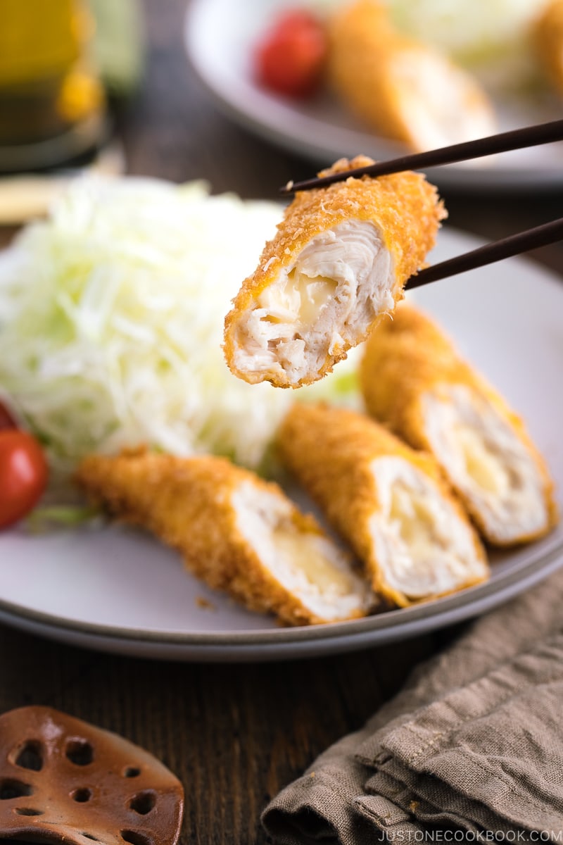 Close up shot of chicken cheese katsu.