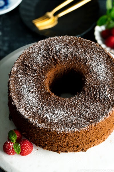 chocolate chiffon cake with powder sugar dusting