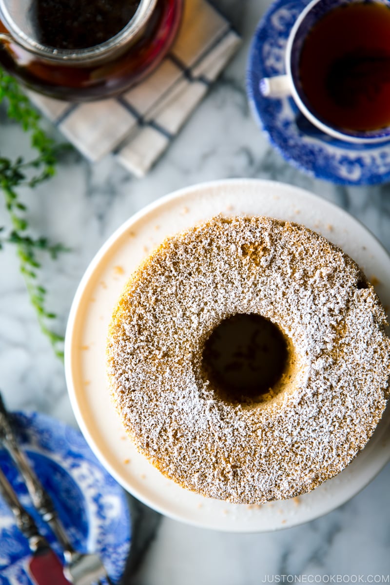 Earl Grey Chiffon Cake served on a cake stand.