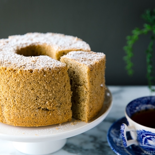 Earl Grey Chiffon Cake served on a cake stand.