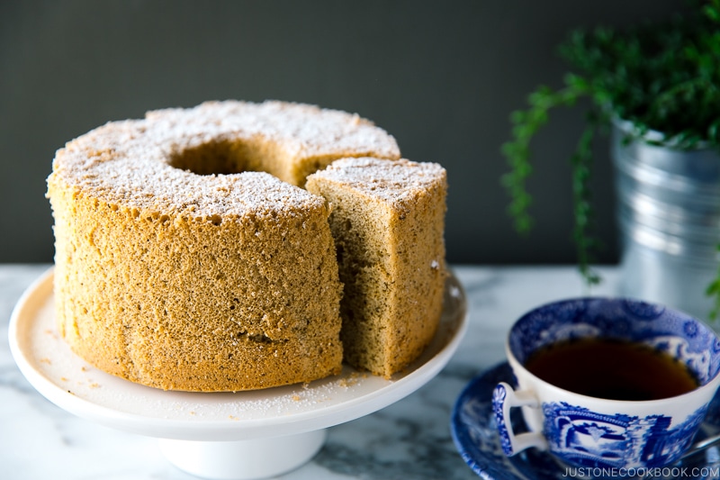 Earl Grey Chiffon Cake served on a cake stand.