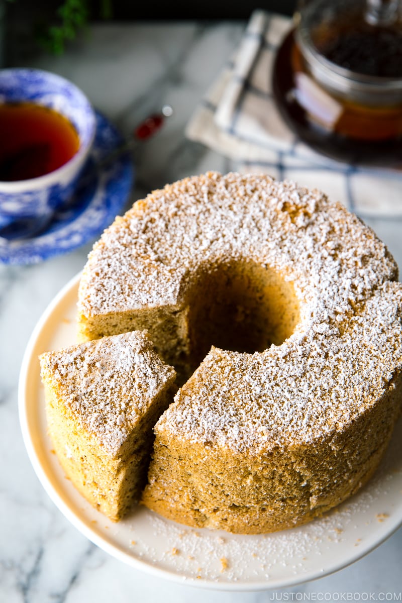 Earl Grey Chiffon Cake served on a cake stand.