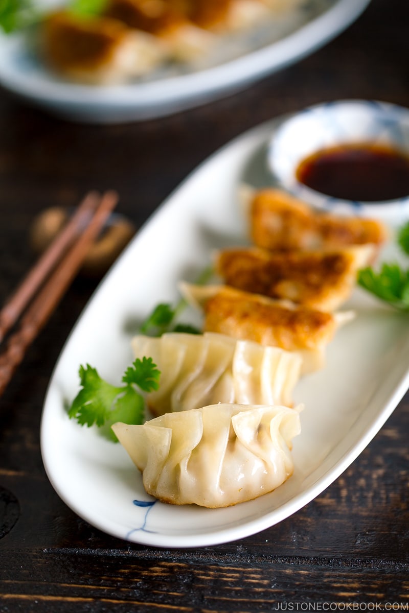 Gyoza served on a plate.