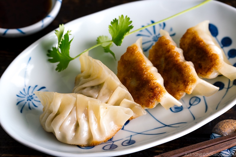 Gyoza served on a plate.