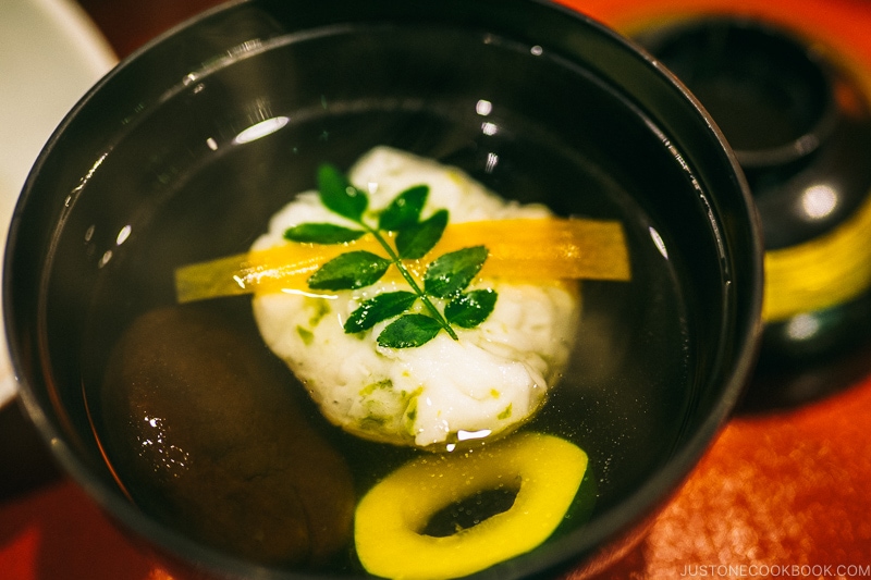 Clear soup with nori, shiitake, carrot, kinome (leaf) at Kutsuroginotei Kunitachi - Yamanashi Fruit Picking and Wine Tasting | www.justonecookbook.com 