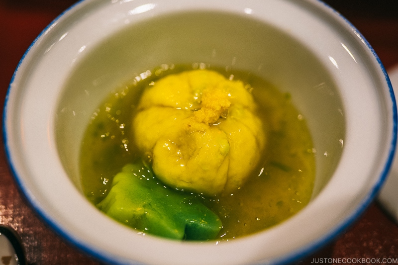 Summer vegetables simmered with maple leaf gluten, winter melon filling, ginger at Kutsuroginotei Kunitachi - Yamanashi Fruit Picking and Wine Tasting | www.justonecookbook.com